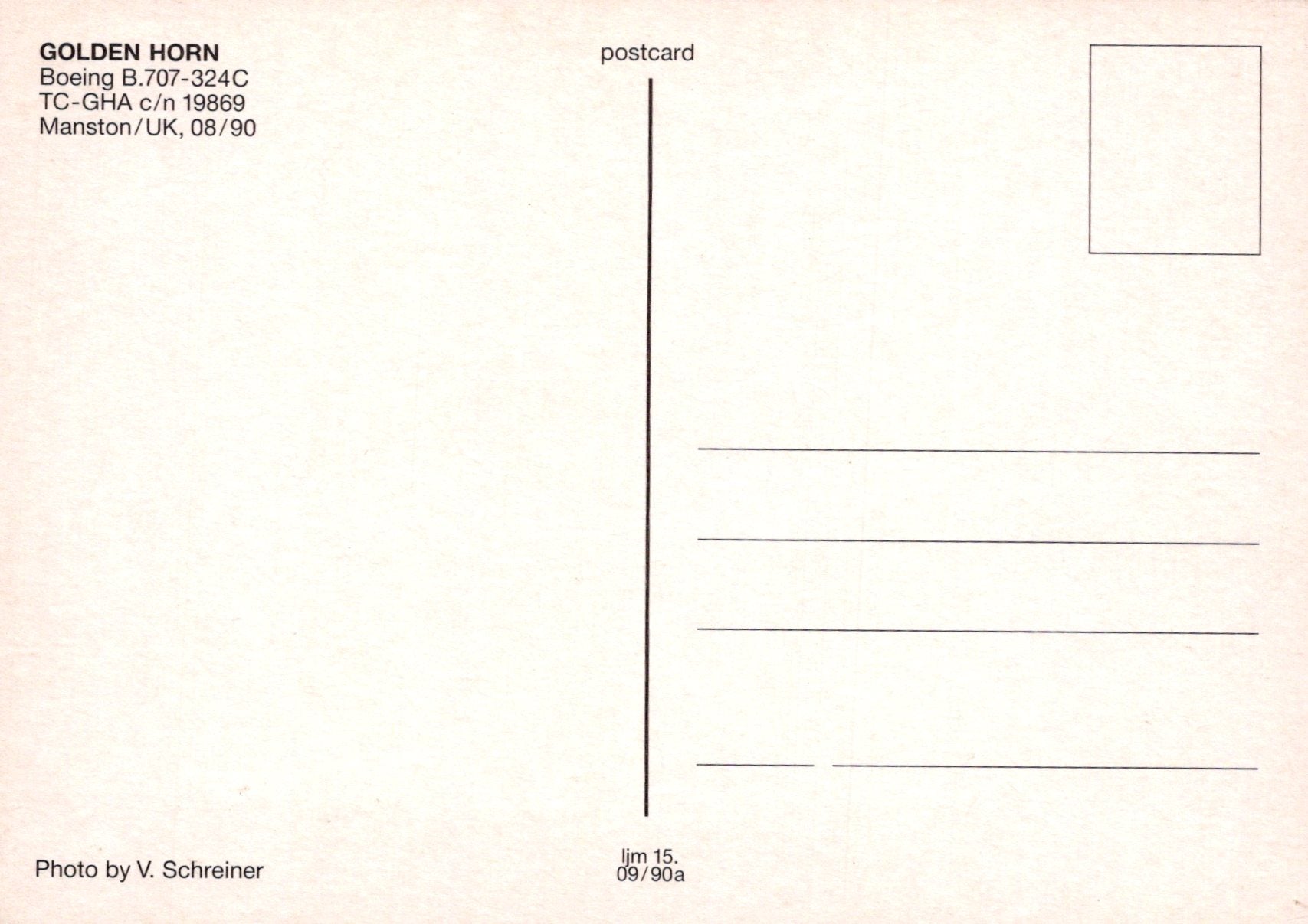 Back of a postcard with text and a line for writing, featuring 'Golden Horn' and 'Boeing B.707-324C'.