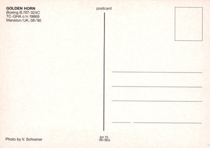 Back of a postcard with text and a line for writing, featuring 'Golden Horn' and 'Boeing B.707-324C'.