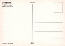 Load image into Gallery viewer, Back of a postcard with text and a line for writing, featuring &#39;Golden Horn&#39; and &#39;Boeing B.707-324C&#39;.
