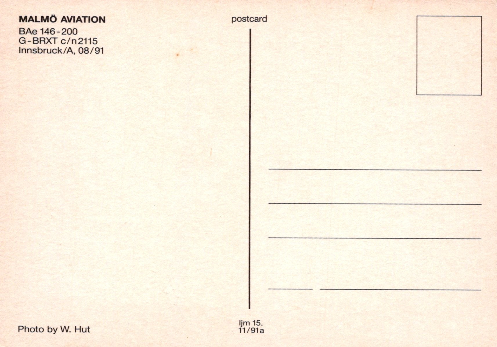 Back of a postcard with text and a small square for a photo, featuring 'Malmö Aviation' and 'BAe 146-200'.