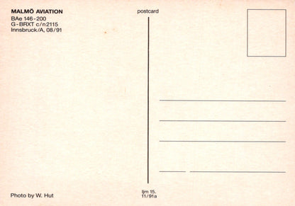 Back of a postcard with text and a small square for a photo, featuring 'Malmö Aviation' and 'BAe 146-200'.