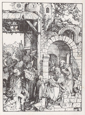 Black and white illustration of a religious scene with people and architecture.