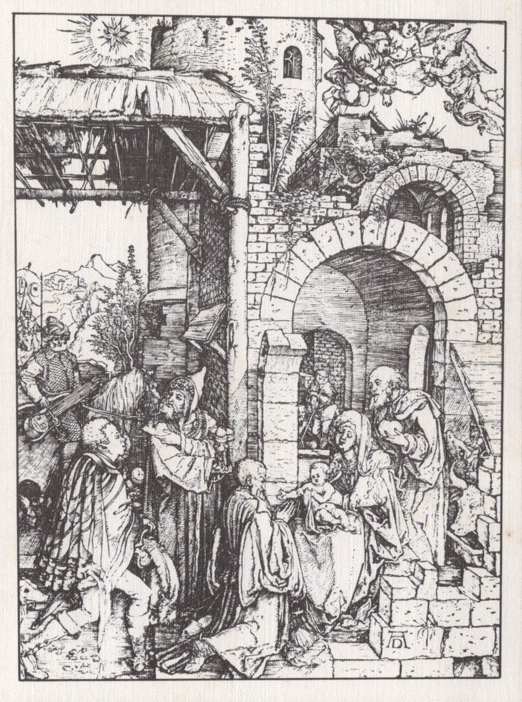 Black and white illustration of a religious scene with people and architecture.