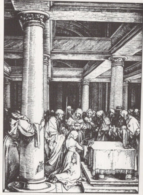 Black and white illustration of a religious ceremony in a temple with people around an altar.
