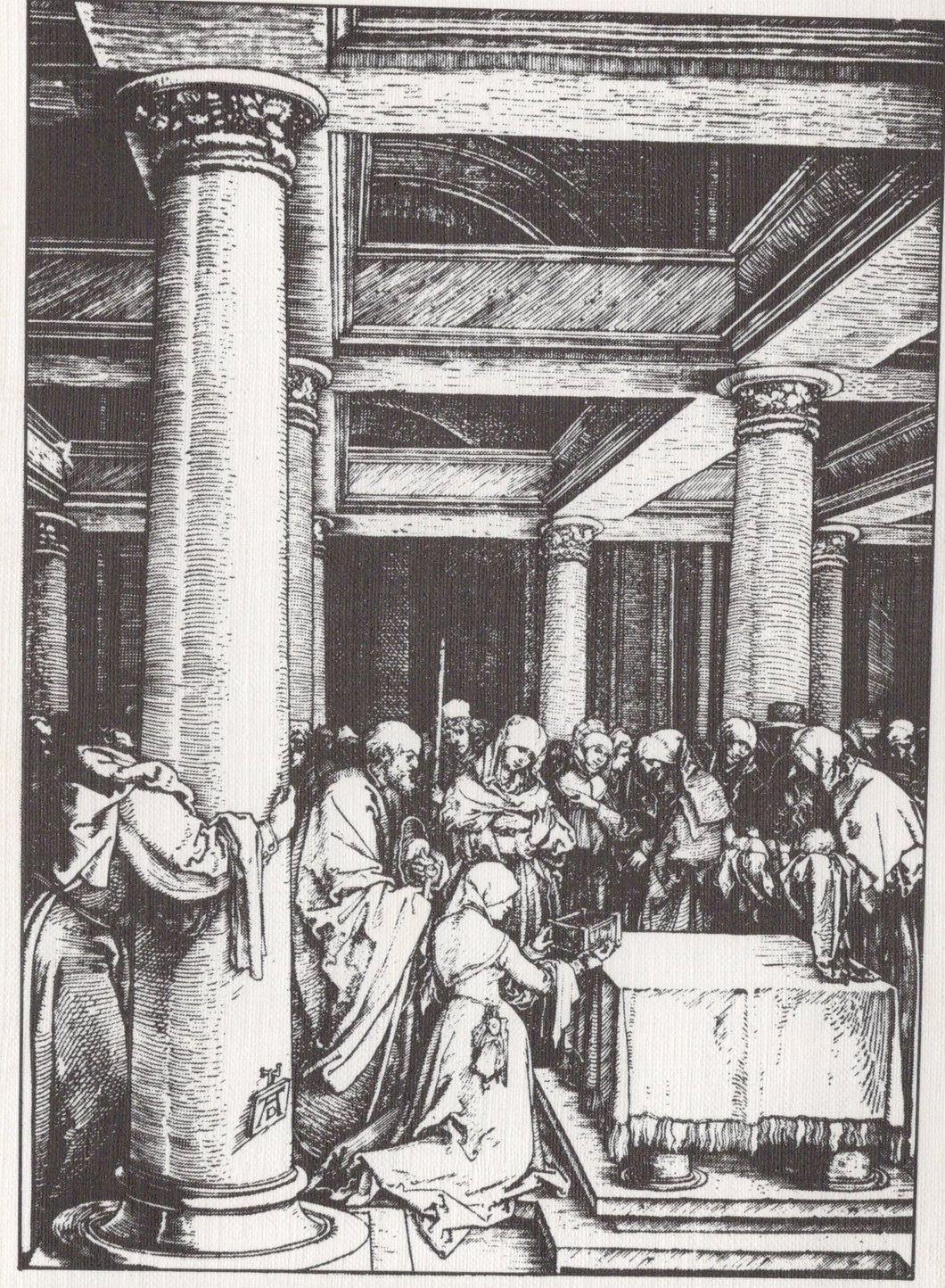 Black and white illustration of a religious ceremony in a temple with people around an altar.