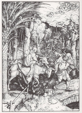 Black and white line drawing of a scene with figures and an animal in a forest setting