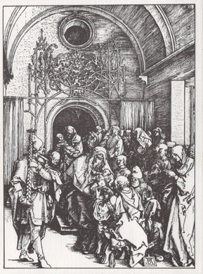 Black and white illustration of a crowded room with people in period attire.