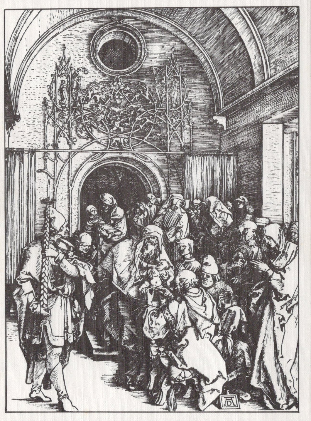 Black and white illustration of a crowded room with people in period attire.
