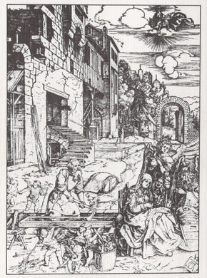 Black and white line drawing of a historical scene with people and buildings.
