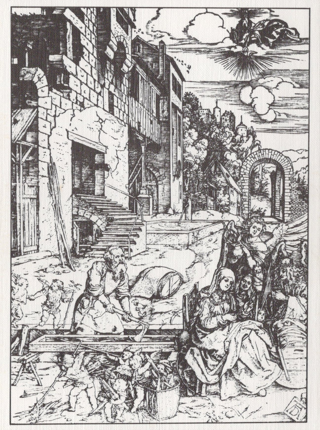 Black and white line drawing of a historical scene with people and buildings.