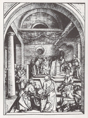 Black and white line drawing of a religious scene with figures around an altar.