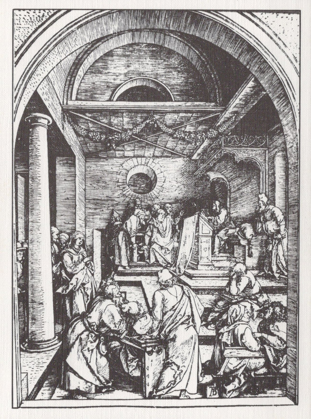 Black and white line drawing of a religious scene with figures around an altar.