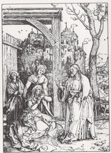 Load image into Gallery viewer, Black and white illustration of a scene with people around a wooden structure, with a castle in the background.
