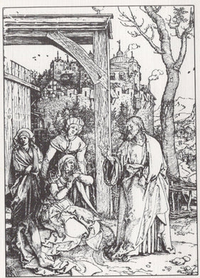 Black and white illustration of a scene with people around a wooden structure, with a castle in the background.