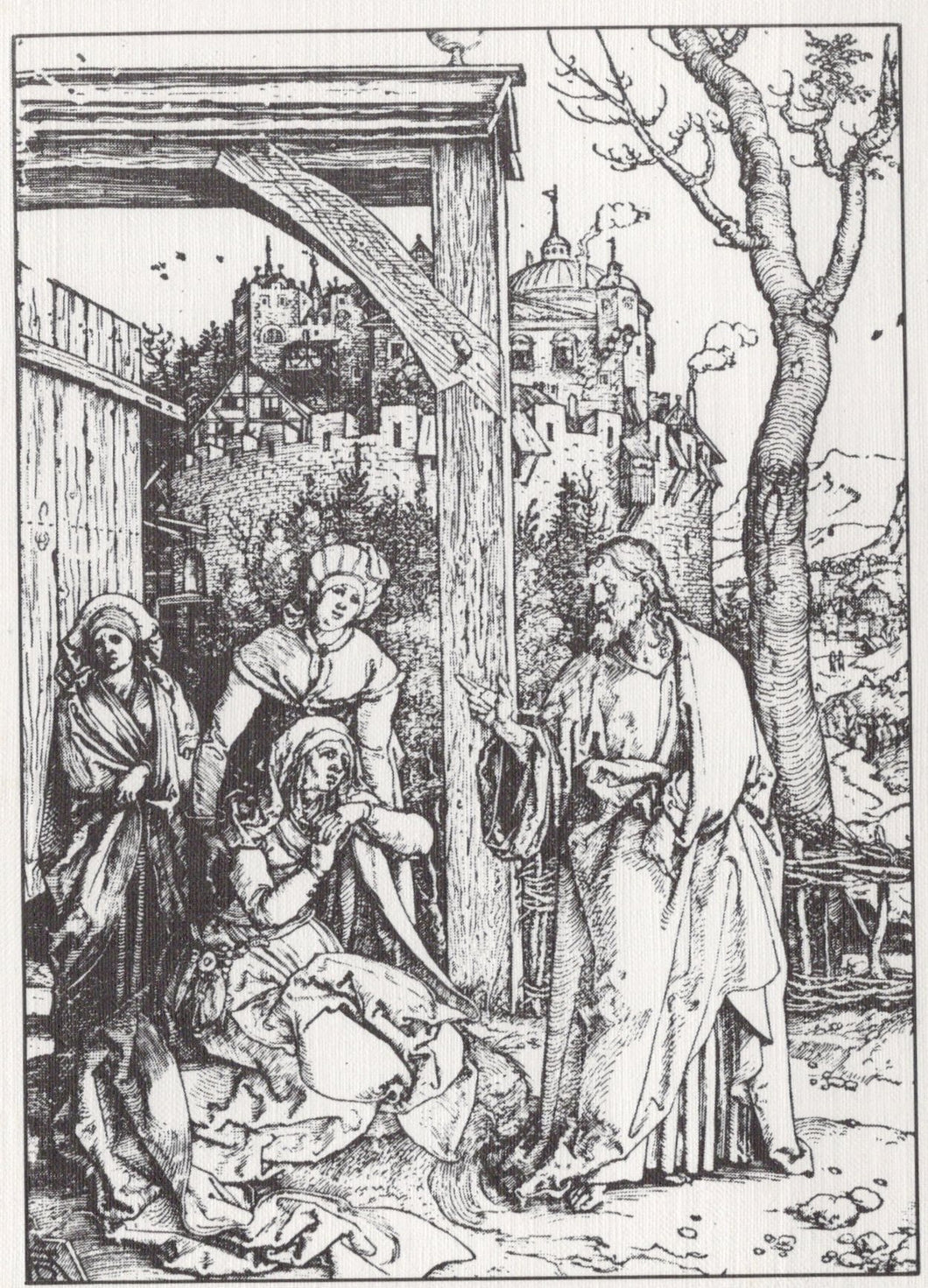 Black and white illustration of a scene with people around a wooden structure, with a castle in the background.
