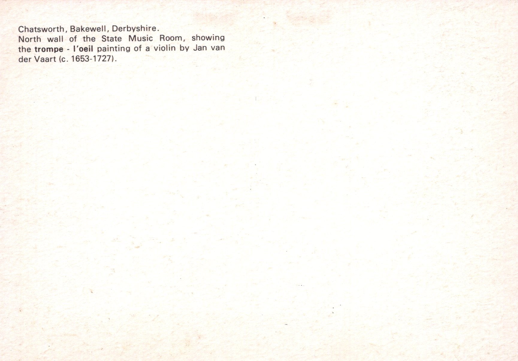 Text on a white background describing a trompe l'oeil painting of a violin at Chatsworth, Bakewell, Derbyshire.