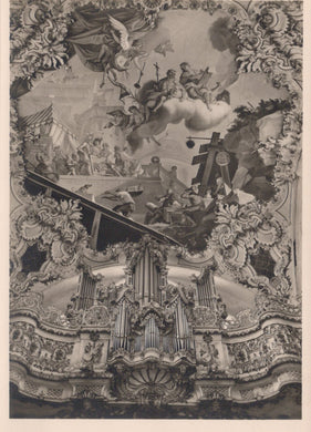 Decorative ceiling with angelic figures, clouds, and architectural elements