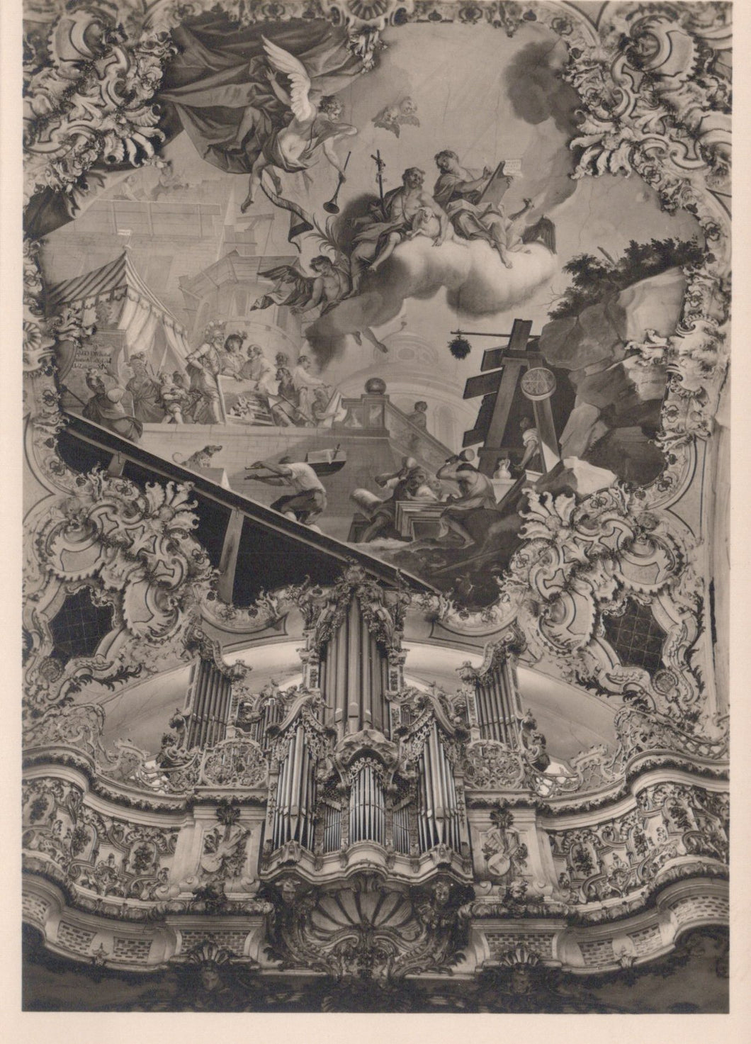 Decorative ceiling with angelic figures, clouds, and architectural elements