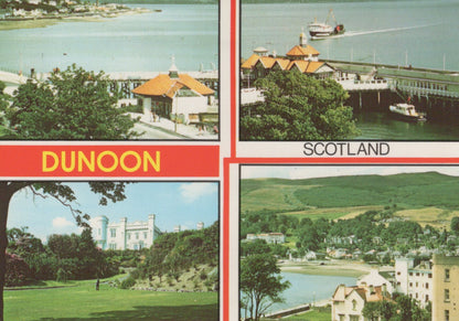 Collage of images from Dunoon, Scotland featuring a waterfront scene, a building with a red roof, greenery, and a coastal view.