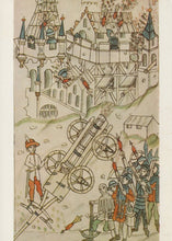 Load image into Gallery viewer, Medieval illustration of a cannon and soldiers with a castle in the background
