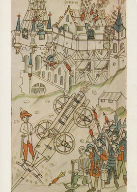 Medieval illustration of a cannon and soldiers with a castle in the background