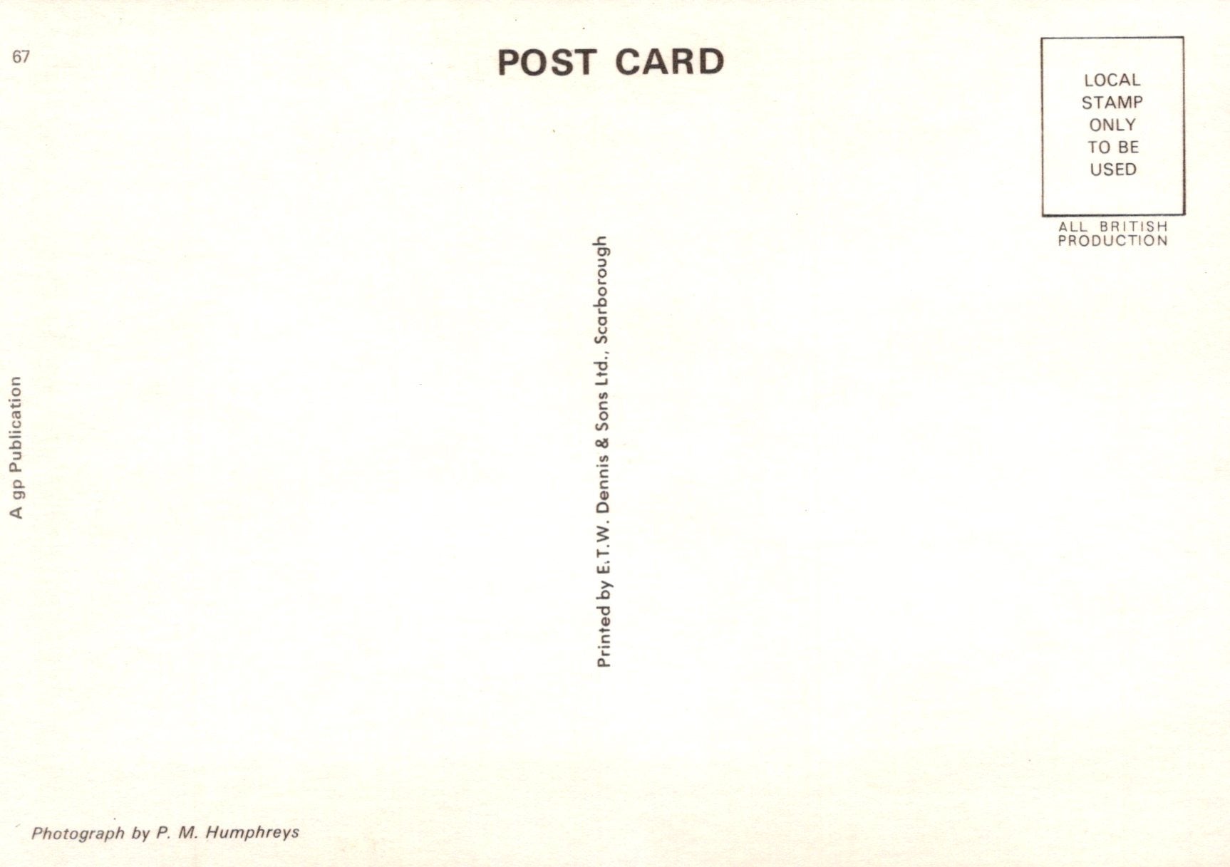 Back of a postcard with text and a small stamp area.