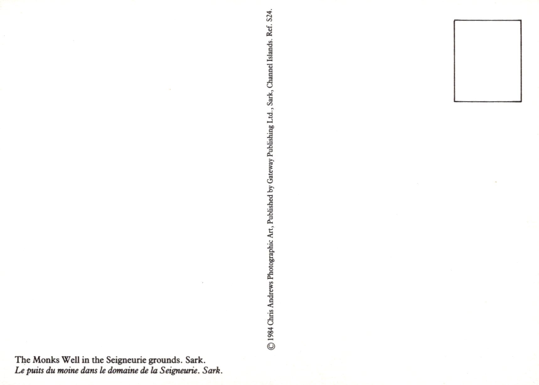 Back of a postcard with text and a small square image placeholder
