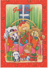 Load image into Gallery viewer, Christmas card with teddy bears and a child in a crib, featuring the text &#39;God Jul&#39; on a red border.

