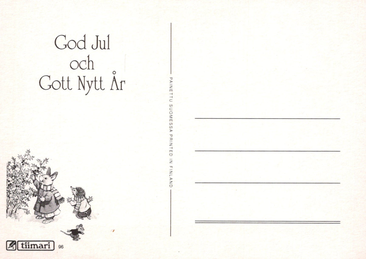 Greeting card with two cartoon characters and text 'God Jul och Gott Nytt Ar' on a white background.