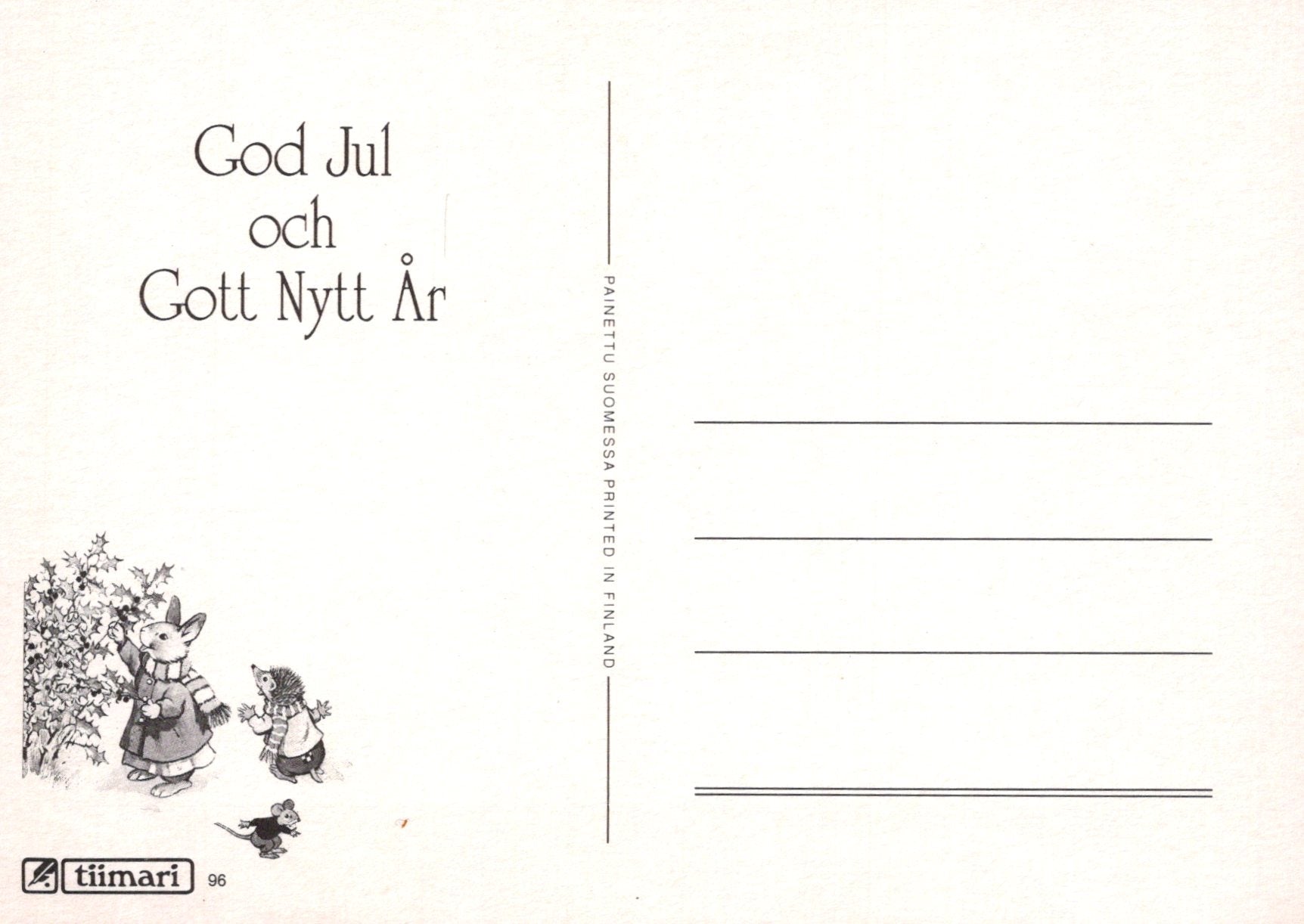 Greeting card with two cartoon characters and text 'God Jul och Gott Nytt Ar' on a white background.