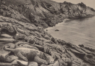 Carved stone figures on a cliff overlooking water