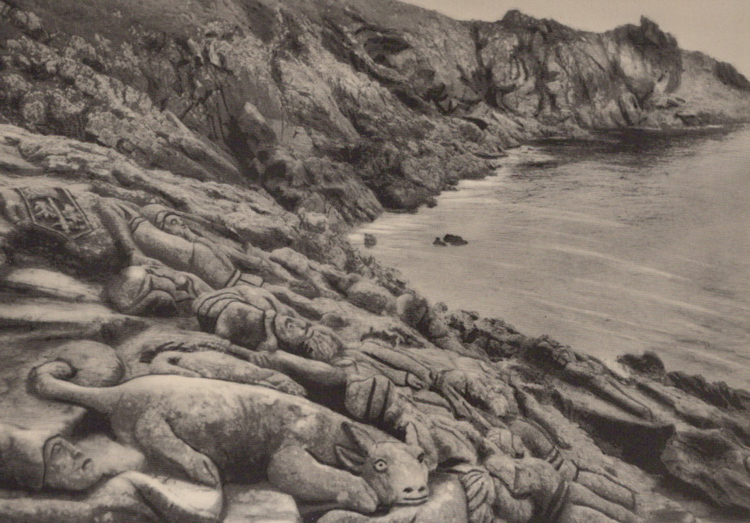 Carved stone figures on a cliff overlooking water