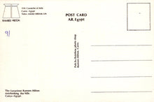 Load image into Gallery viewer, Back of a postcard from Ramses Hilton, Cairo, Egypt with text and address details.
