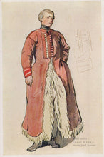 Load image into Gallery viewer, Illustration of a person in a formal red coat with white fur trim on a beige background
