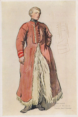 Illustration of a person in a formal red coat with white fur trim on a beige background