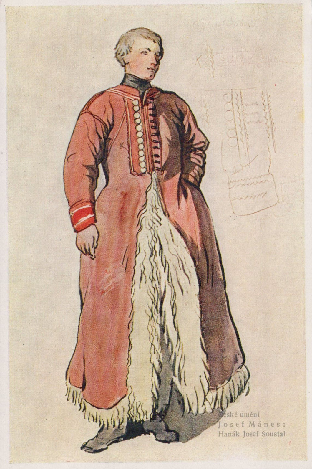 Illustration of a person in a formal red coat with white fur trim on a beige background
