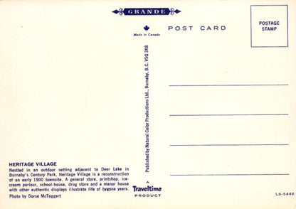 Back of a postcard from Heritage Village with text and branding details.