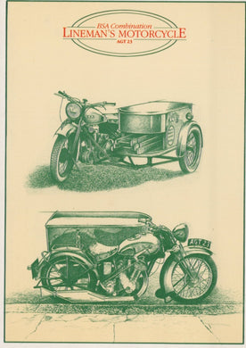 Illustration of a vintage BSA combination lineman's motorcycle on a beige background