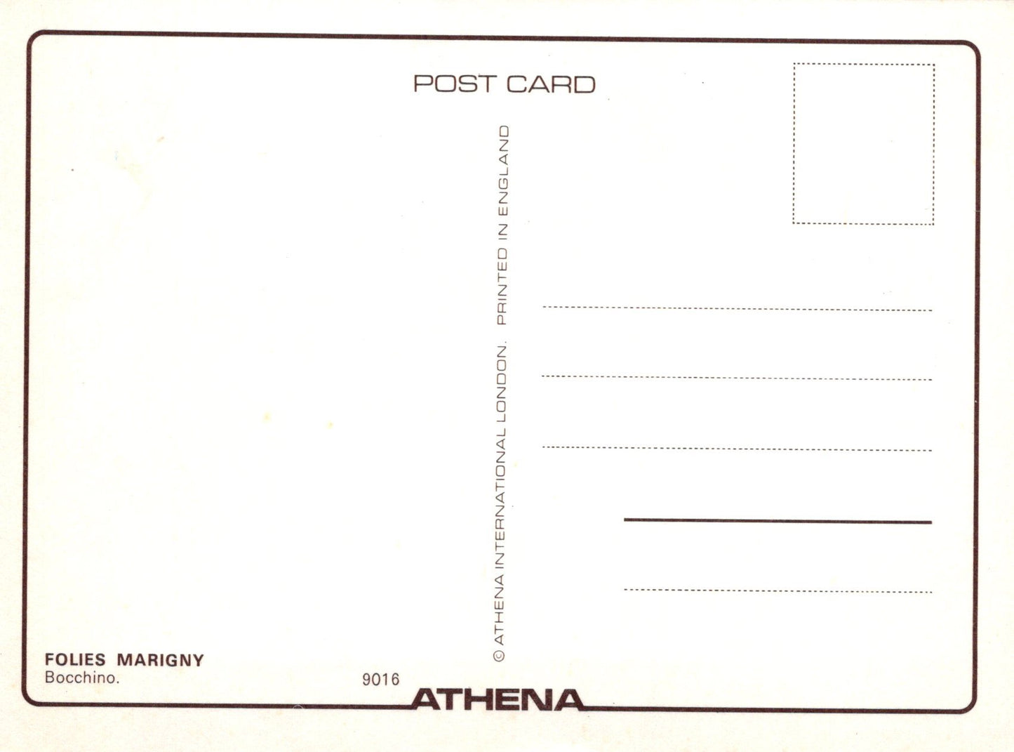 Back of a postcard with printed text and branding