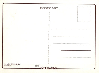 Back of a postcard with printed text and branding