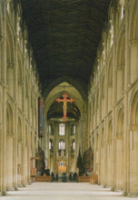 Load image into Gallery viewer, Nave of a large cathedral with high ceilings and stained glass windows.
