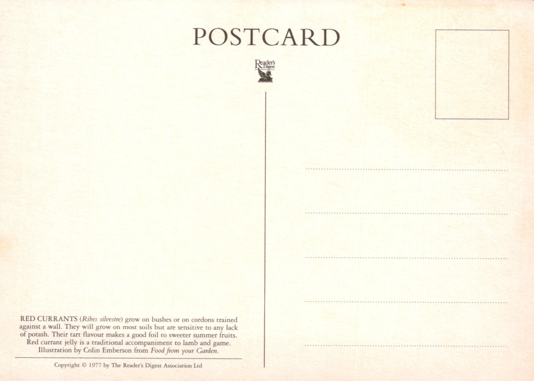 Back of a postcard with text and a logo on a beige background