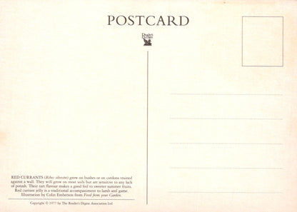 Back of a postcard with text and a logo on a beige background