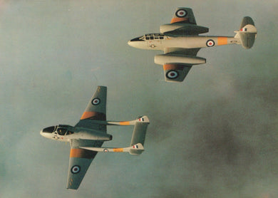 Two fighter planes flying in formation against a clear sky.