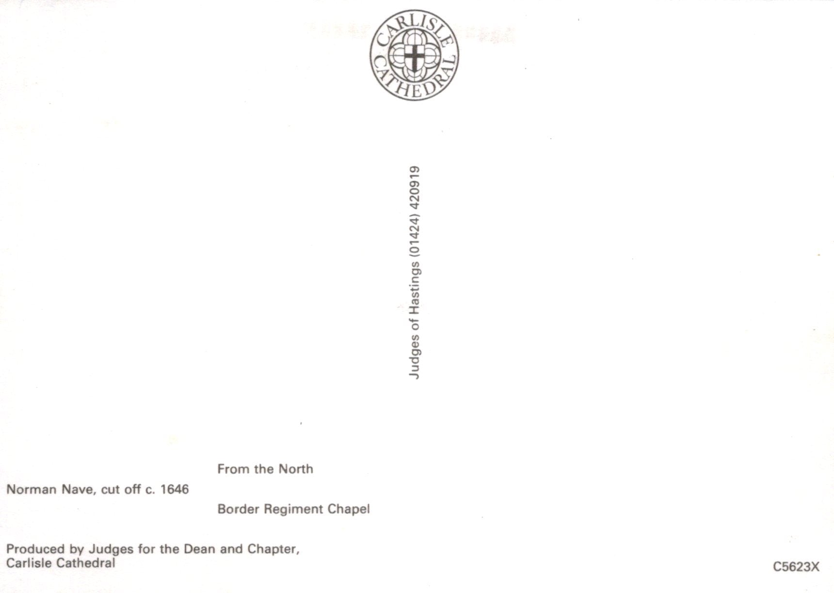 Back of a postcard with text and a logo on a white background