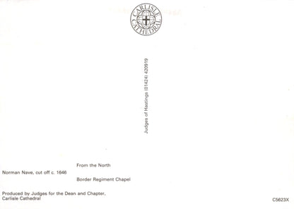 Back of a postcard with text and a logo on a white background