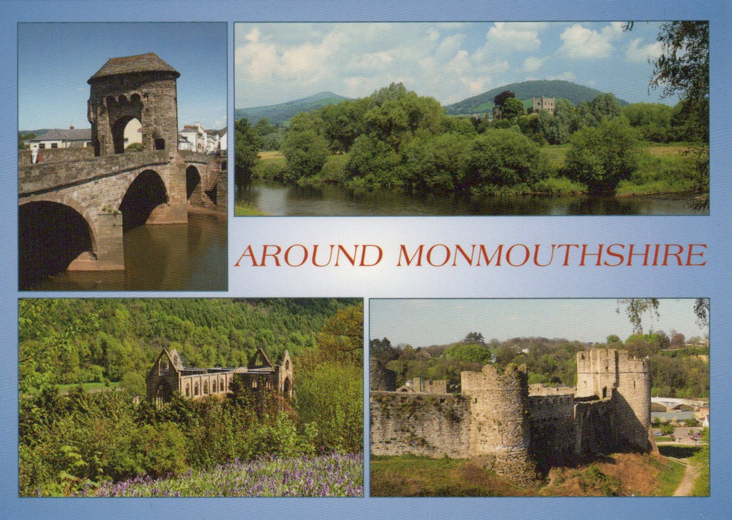 Collage of scenic views from Monmouthshire including a bridge, trees, ruins, and a castle.