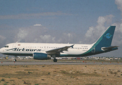 Airtours airplane on a runway with a cloudy sky background