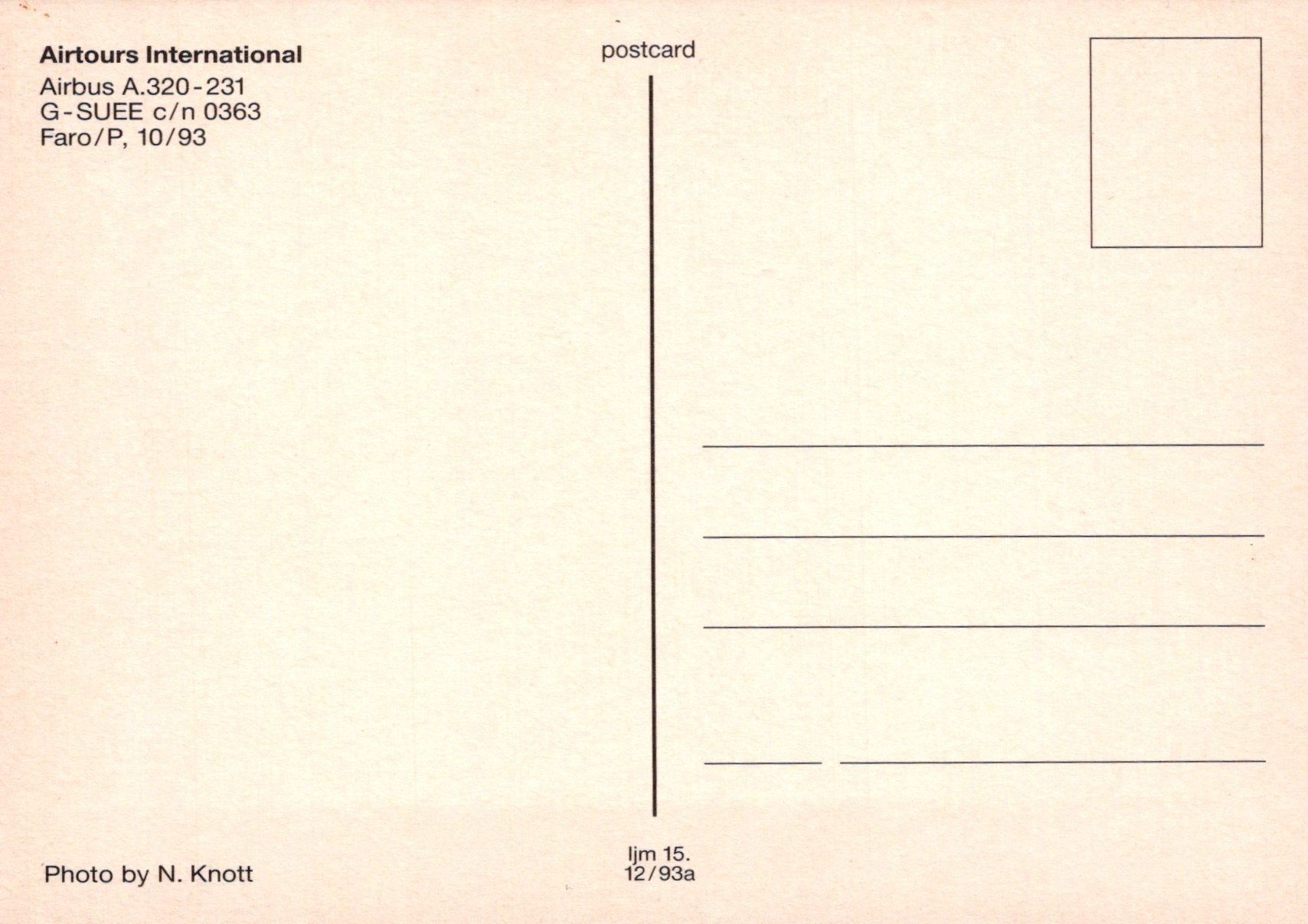 Back of an airplane postcard with text and a blank area for writing.