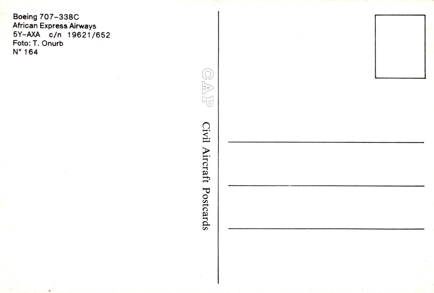 Back of a postcard with text and CAP Civil Aircraft Postcards branding